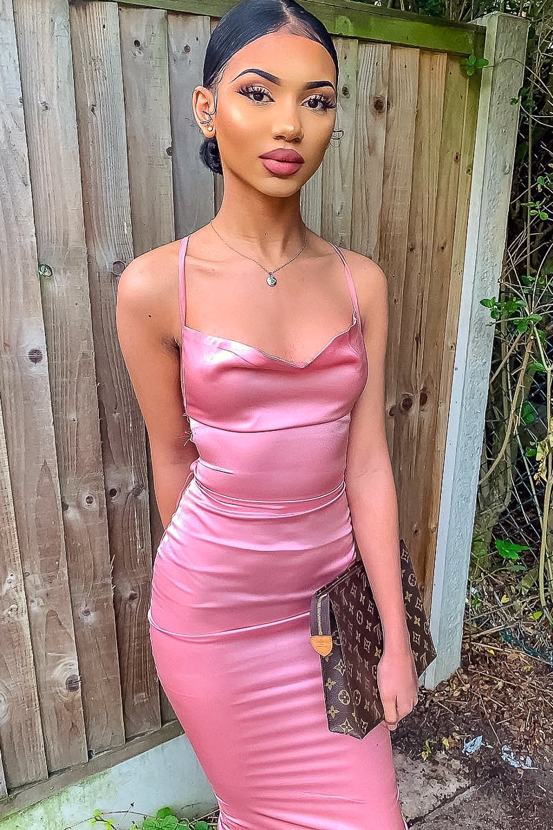Light Pink Satin Cowl Neck Midi Dress - Liliana Rebellious Fashion Light Pink Satin Cowl Neck Midi Dress - Liliana Rebellious Fashion