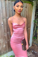 Light Pink Satin Cowl Neck Midi Bodycon Dress - Liliana-Dresses