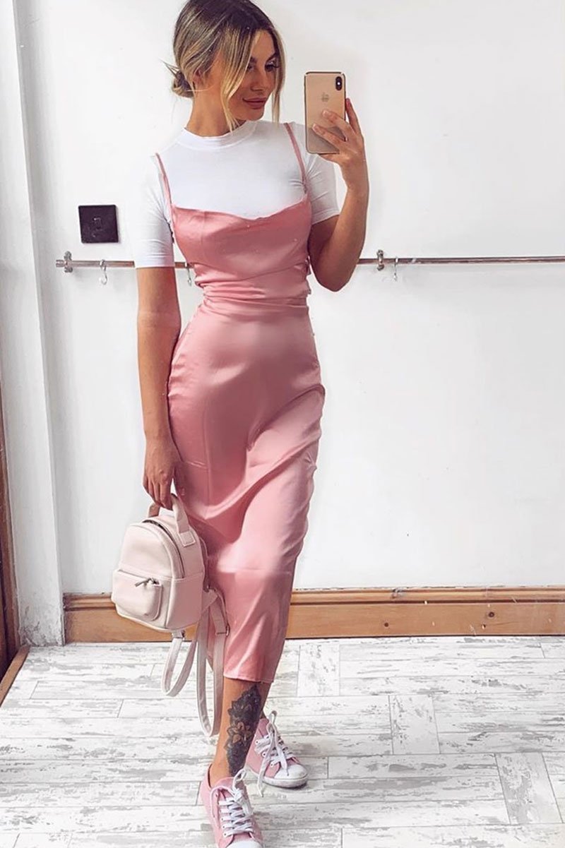 Light Pink Satin Cowl Neck Midi Dress Light Pink Satin Cowl Neck Midi Dress