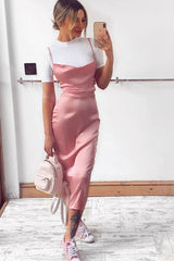 Light Pink Satin Cowl Neck Midi Bodycon Dress - Liliana-Dresses