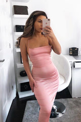 Light Pink Satin Cowl Neck Midi Bodycon Dress - Liliana-Dresses