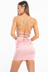 Light Pink Satin Lace Up Bodycon Mini Dress - Sira-Dresses