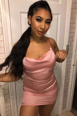 Light Pink Satin Lace Up Bodycon Mini Dress - Sira-Dresses