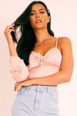 Light Pink Satin Tie Detail One Sleeve Crop Top - Joni-Crop Tops