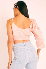 Light Pink Satin Tie Detail One Sleeve Crop Top - Joni-Crop Tops