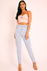 Light Pink Satin Tie Detail One Sleeve Crop Top - Joni-Crop Tops