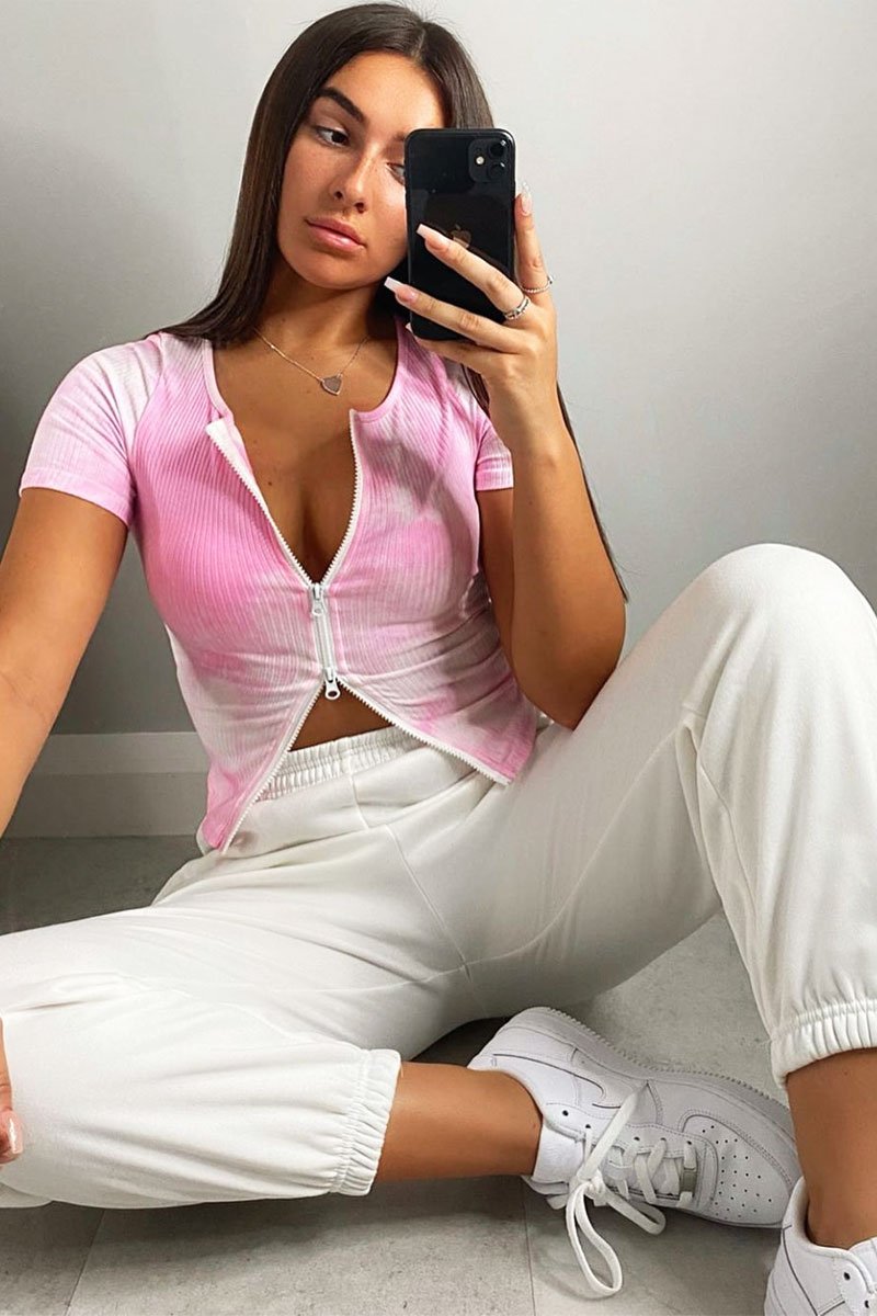 Light Pink Tie Dye Double Zip Top - Faven-Tops