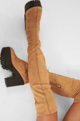 Light Tan Suede Platform Knee High Boots - Sandy-Boots