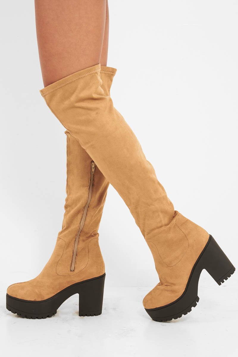 Light Tan Suede Platform Knee High Boots - Sandy-Boots