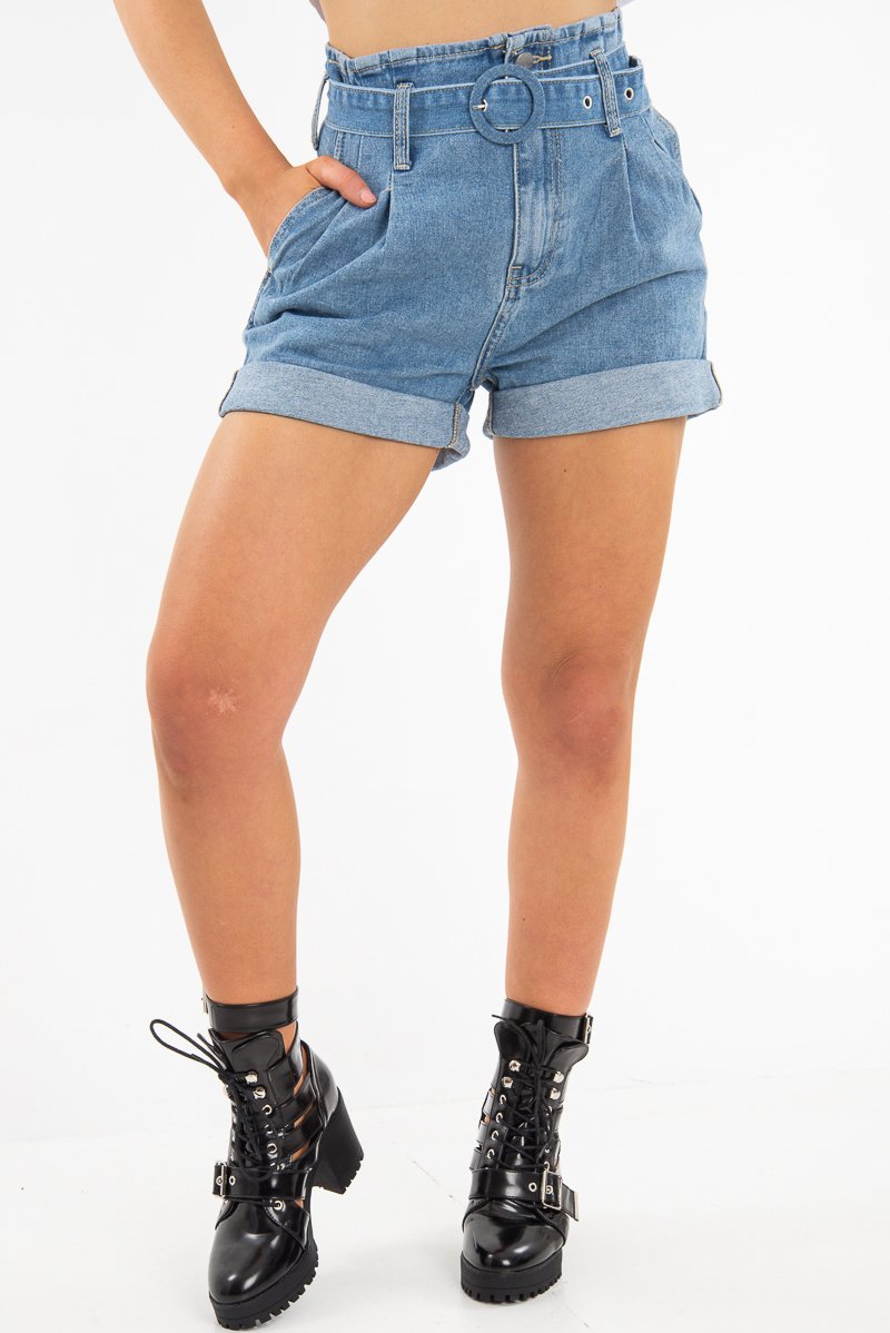 Light Wash Belted High Waist Paper Bag Shorts - Everlei-Shorts