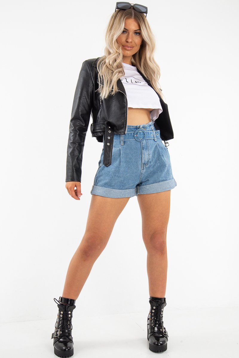 Light Wash Belted High Waist Paper Bag Shorts - Everlei-Shorts