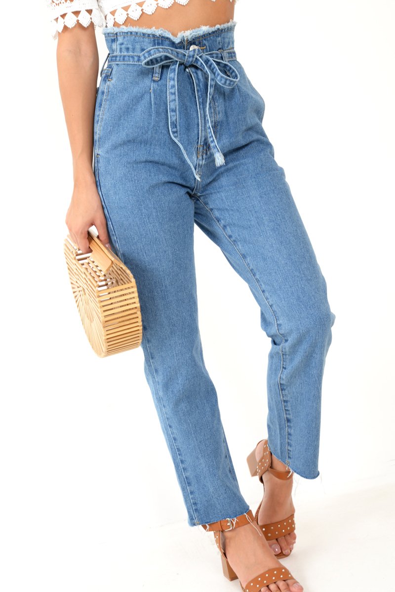 Light Wash Blue Denim Tie Waist Paperbag Jeans - Lylee-Jeans
