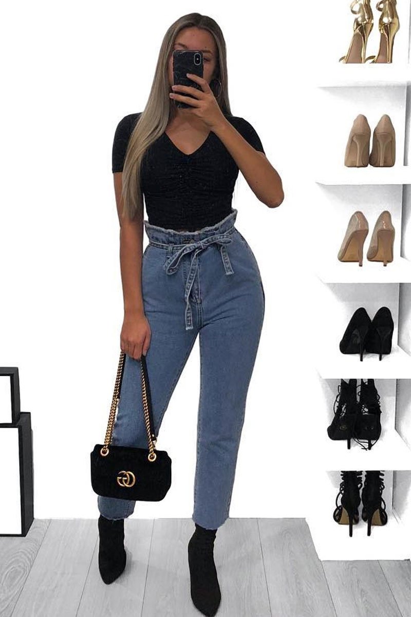 Light Wash Blue Denim Tie Waist Paperbag Jeans - Lylee-Jeans