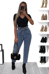Light Wash Blue Denim Tie Waist Paperbag Jeans - Lylee-Jeans