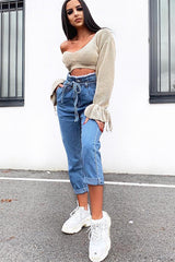 Light Wash Blue Denim Tie Waist Paperbag Jeans - Lylee-Jeans