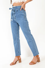 Light Wash Blue Denim Tie Waist Paperbag Jeans - Lylee-Jeans