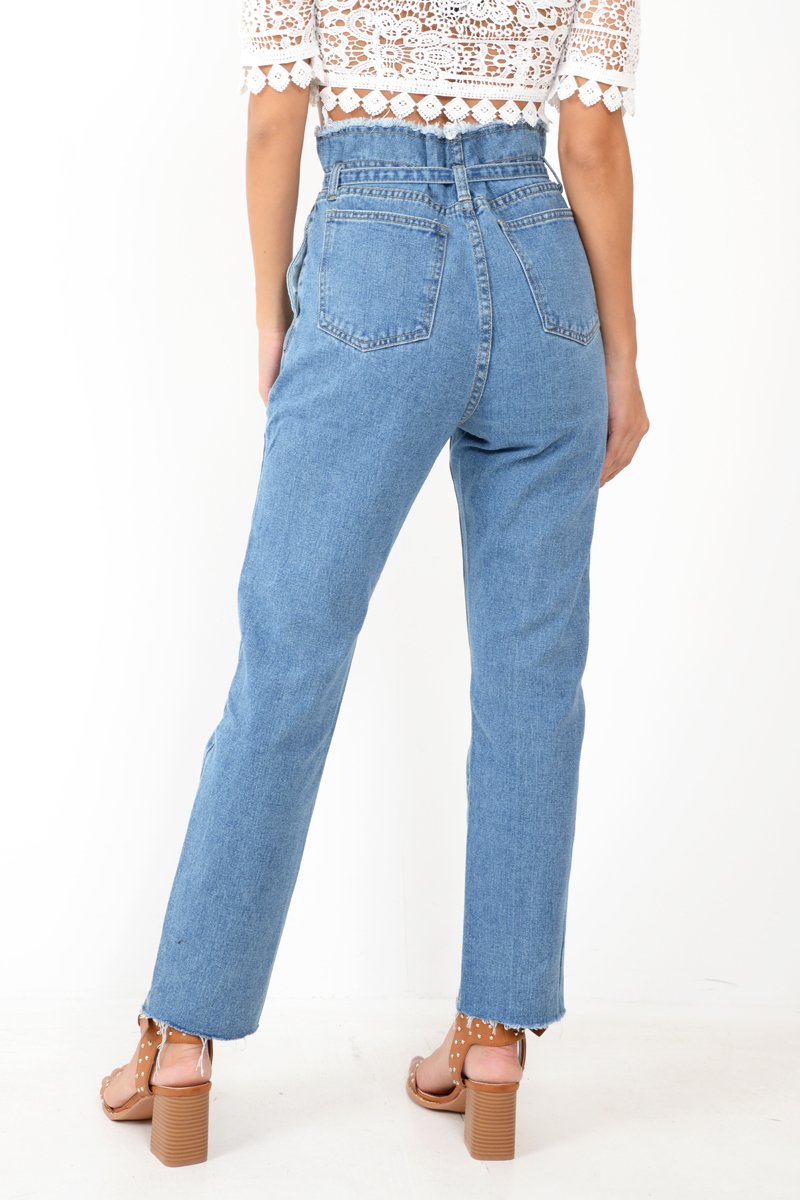 Light Wash Blue Denim Tie Waist Paperbag Jeans - Lylee-Jeans