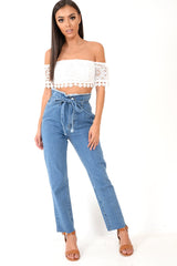 Light Wash Blue Denim Tie Waist Paperbag Jeans - Lylee-Jeans