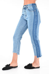 Light Wash Colour Block Fray Hem Jeans - Rhya-Jeans
