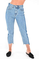 Light Wash Colour Block Fray Hem Jeans - Rhya-Jeans
