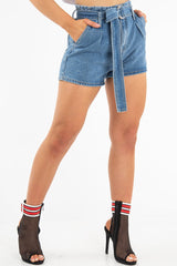 Light Wash D Ring Belted Paper Bag Denim Shorts - Katalia-Shorts