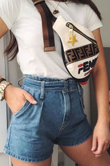 Light Wash D Ring Belted Paper Bag Denim Shorts - Katalia-Shorts