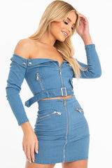 Light Wash Denim Biker Crop Top Skirt Co-Ord - Meika-Co-ords