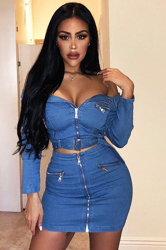 Light Wash Denim Biker Crop Top Skirt Co-Ord - Meika