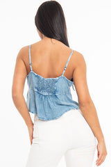 Light Wash Denim Cami Top with Bow Front - Sadie-Crop Tops