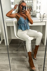 Light Wash Denim Cami Top with Bow Front - Sadie-Crop Tops
