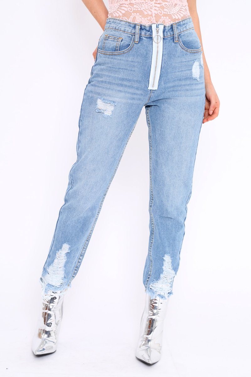 Light Wash Denim Exposed Zip Distressed Jeans - Aralyn-Jeans