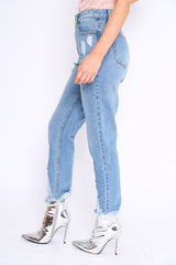 Light Wash Denim Exposed Zip Distressed Jeans - Aralyn-Jeans