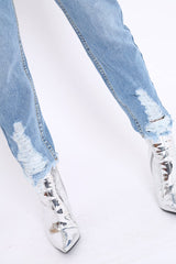 Light Wash Denim Exposed Zip Distressed Jeans - Aralyn-Jeans