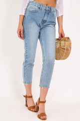 Light Wash Denim Frayed Hem Mom Jeans - Meena-Jeans