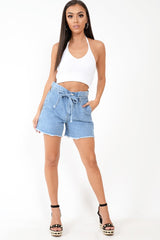 Light Wash Denim Paper Bag Mom Shorts - Iqra-Shorts