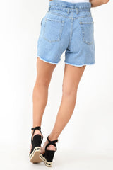 Light Wash Denim Paper Bag Mom Shorts - Iqra-Shorts