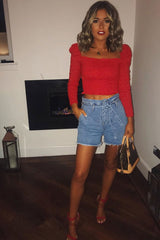 Light Wash Denim Paper Bag Mom Shorts - Iqra-Shorts