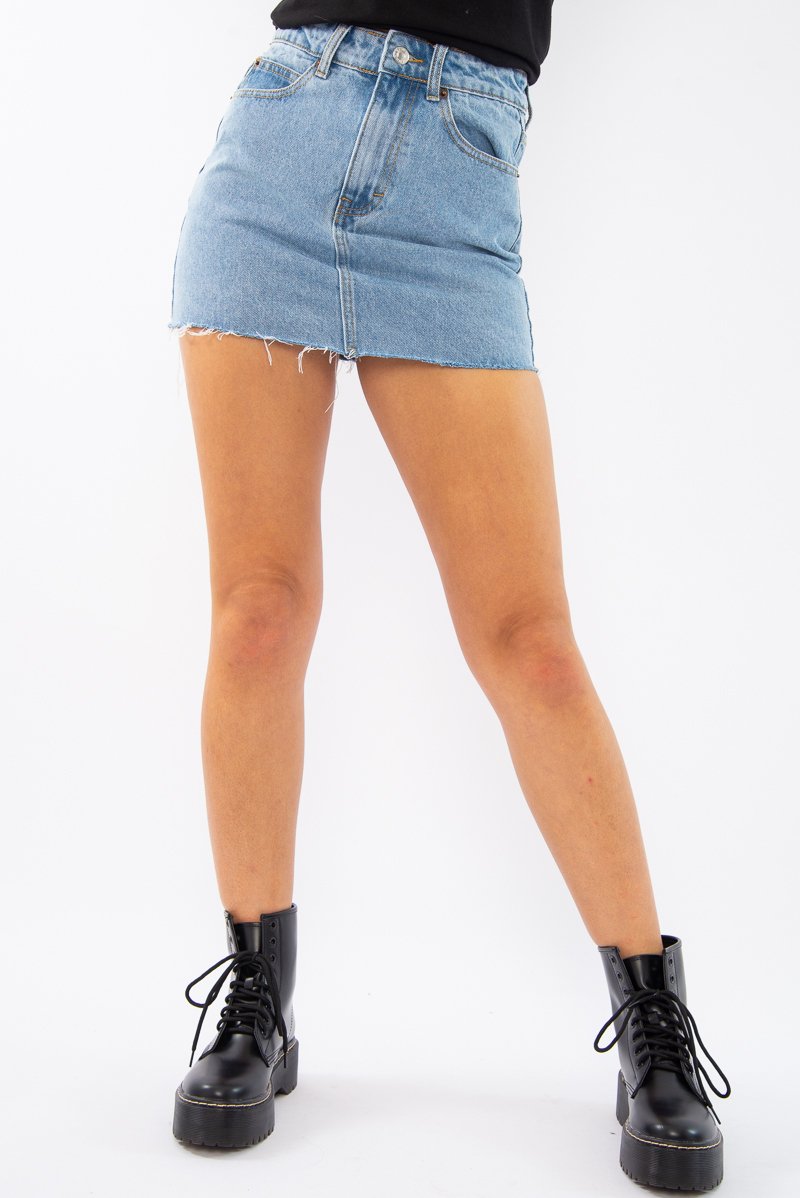 Light Wash Denim Raw Edge Mini Skirt - Misty-Skirts