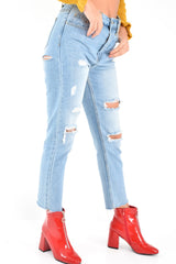 Light Wash Distressed Bum Rip Mom Jeans - Issi-Jeans