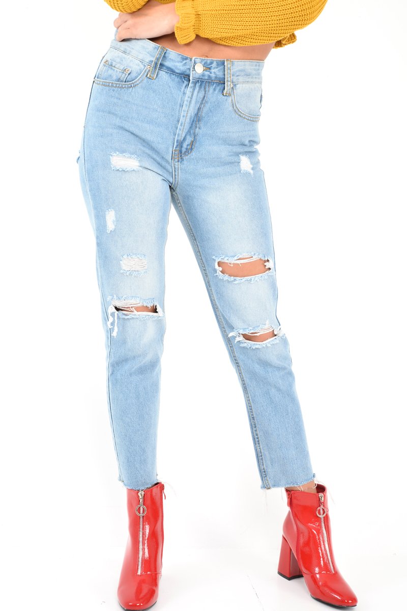 Light Wash Distressed Bum Rip Mom Jeans - Issi-Jeans