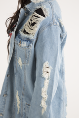 Light Wash Distressed Oversized Denim Jacket - Amra-Jackets