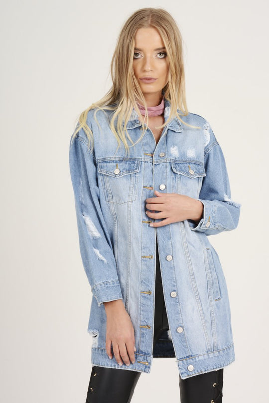 Light Wash Distressed Oversized Denim Jacket - Betti