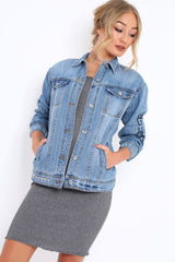 Light Wash Embroidered Studded Denim Jacket - Tes-Jackets