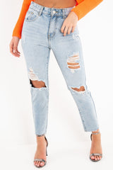 Light Wash Extreme Front Rip Mom Jeans - Miko-Jeans
