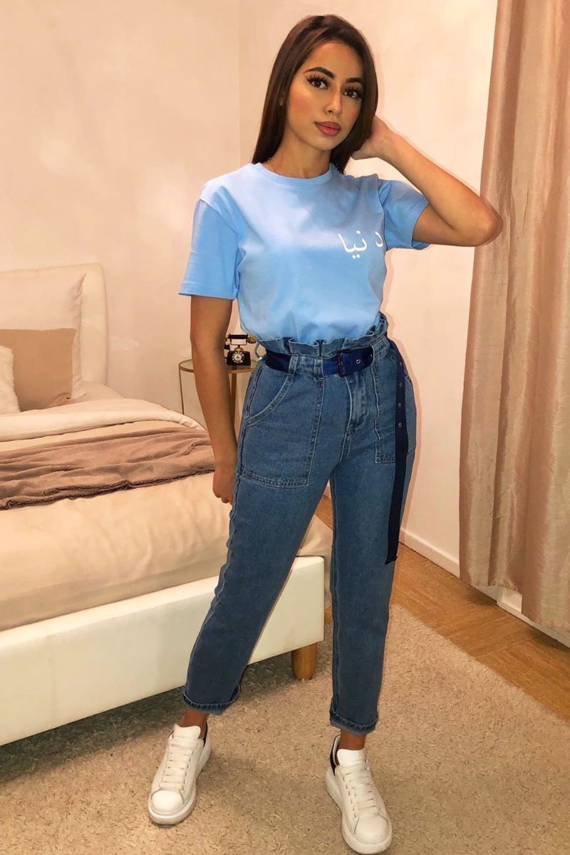 Light Wash Eyelet Belted Paper Bag Mom Jeans - Myli-Jeans