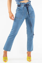 Light Wash Eyelet Belted Paper Bag Mom Jeans - Myli-Jeans
