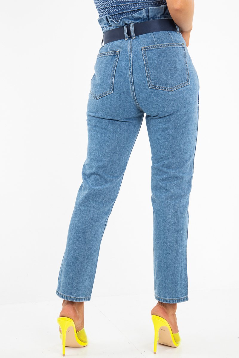 Light Wash Eyelet Belted Paper Bag Mom Jeans - Myli-Jeans