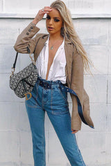 Light Wash Eyelet Belted Paper Bag Mom Jeans - Myli-Jeans