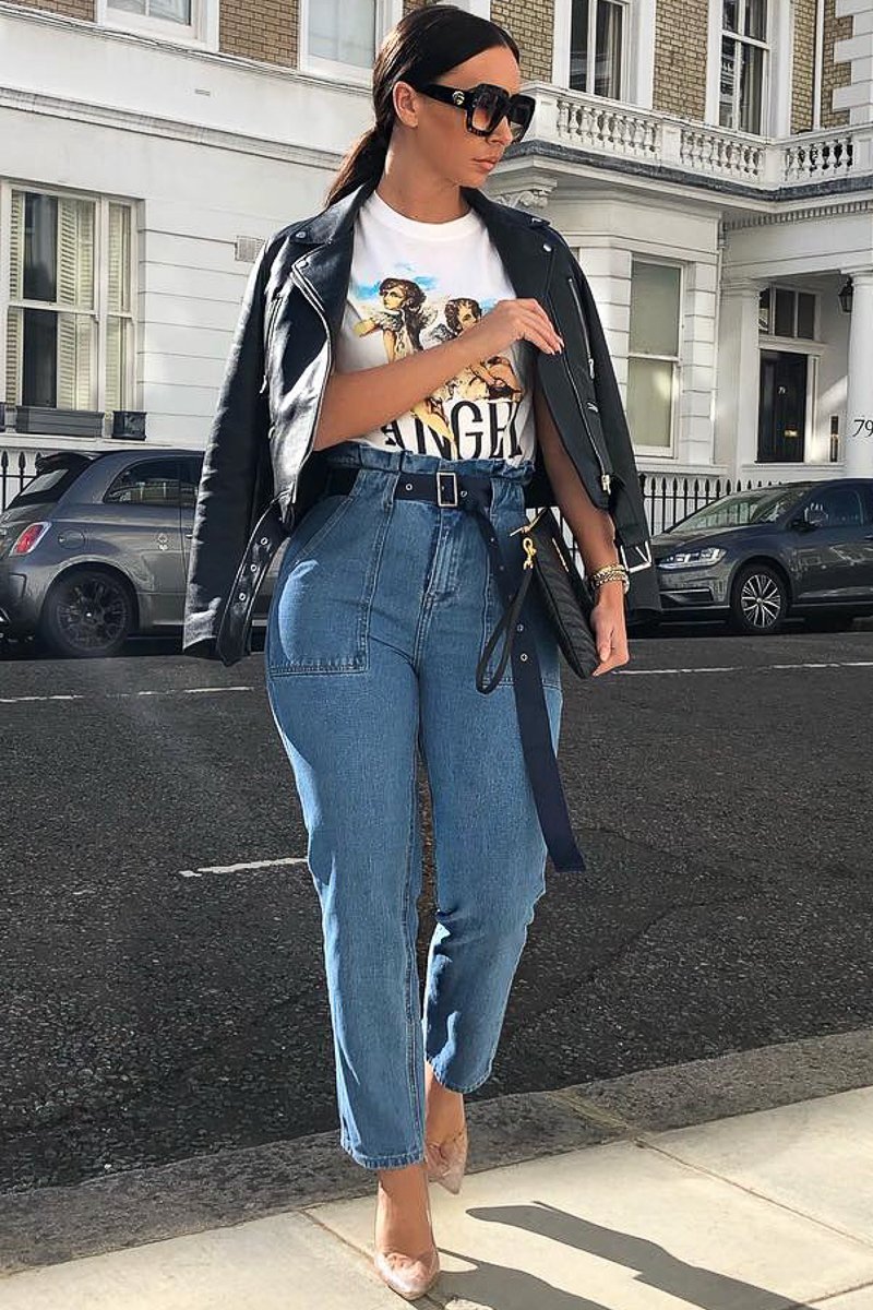 Light Wash Eyelet Belted Paper Bag Mom Jeans - Myli-Jeans