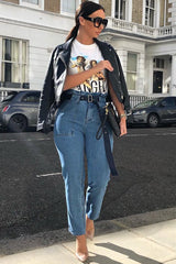 Light Wash Eyelet Belted Paper Bag Mom Jeans - Myli-Jeans